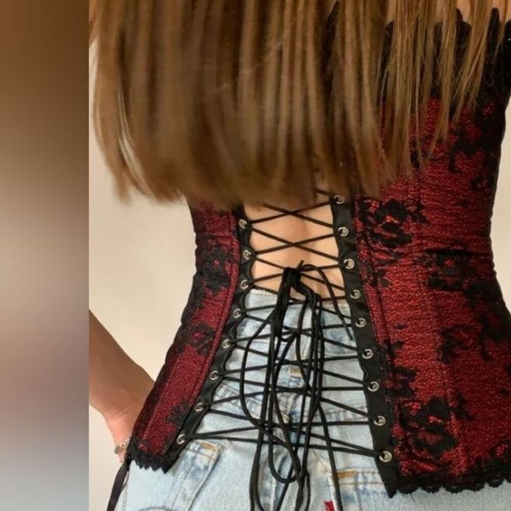 Fredericks Of Hollywood Vintage Corset Bustier Whimsigoth Black & Red Lace 38